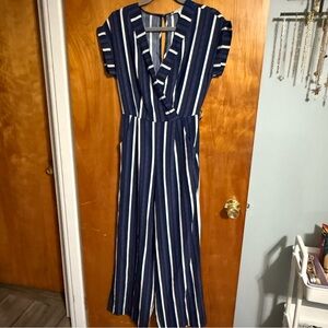 Monteau Navy and White Striped Jumpsuit